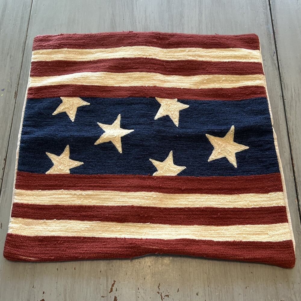 Pottery Barn American Flag Embroidered Pillow Cover Red White Blue Stars 18x18